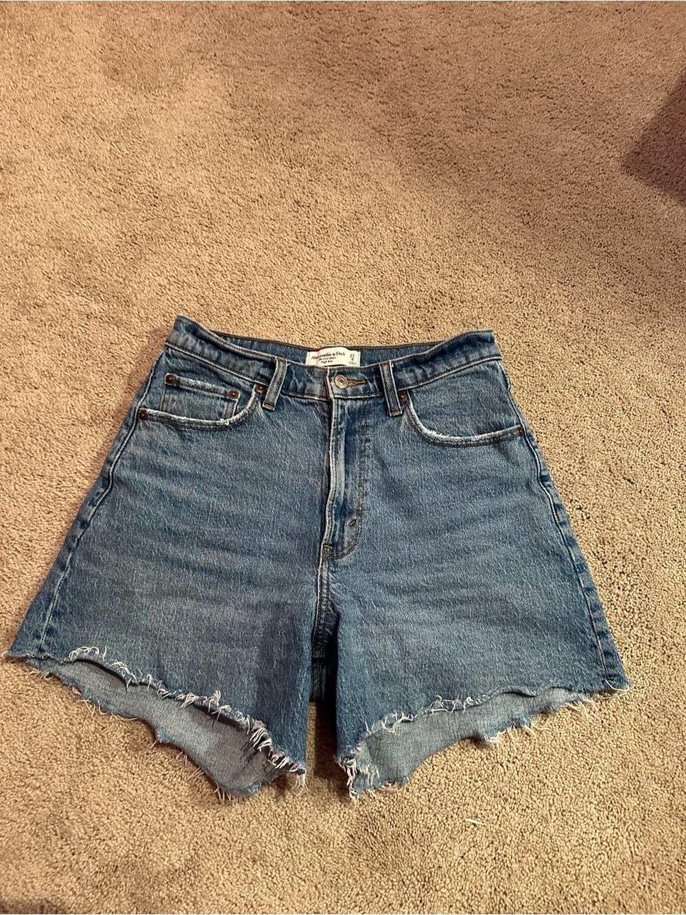 Abercrombie & Fitch Distressed High-Rise Denim Shorts - Medium Blue